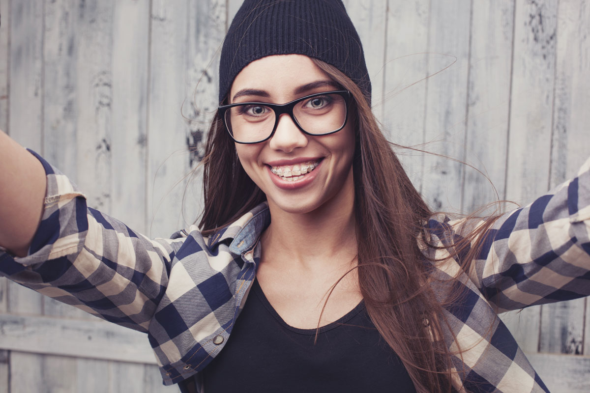 Clear braces are illustrated by this model.