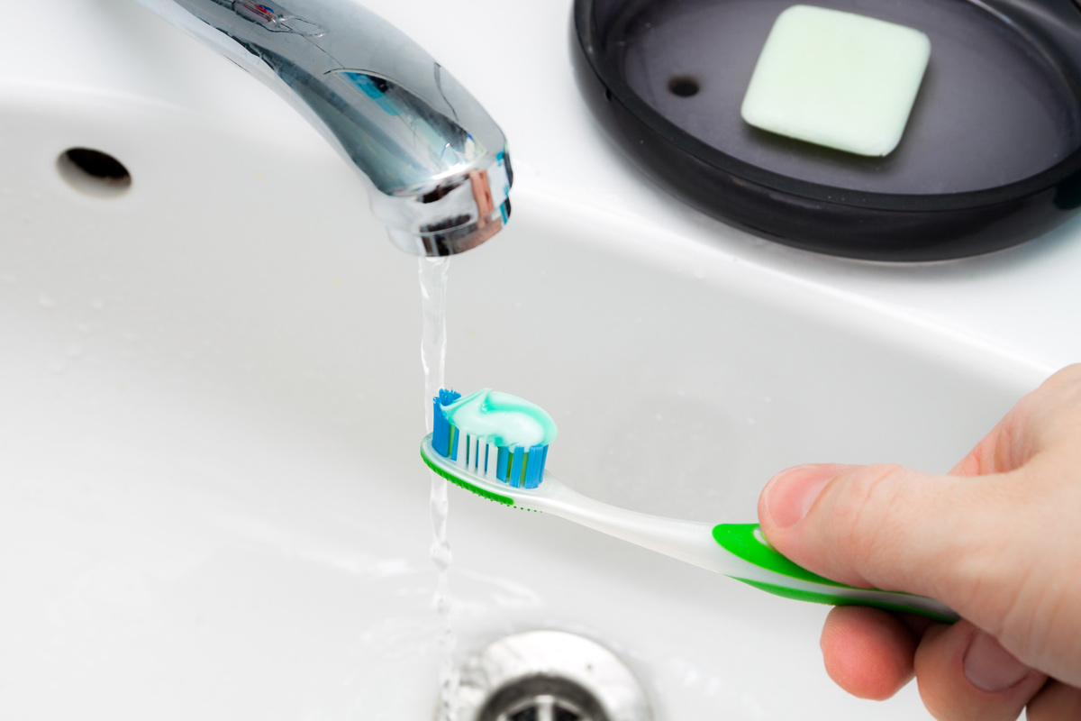 A tap can be on for rinsing a toothbrush and when to provide you with water, but it should be off when not in use.