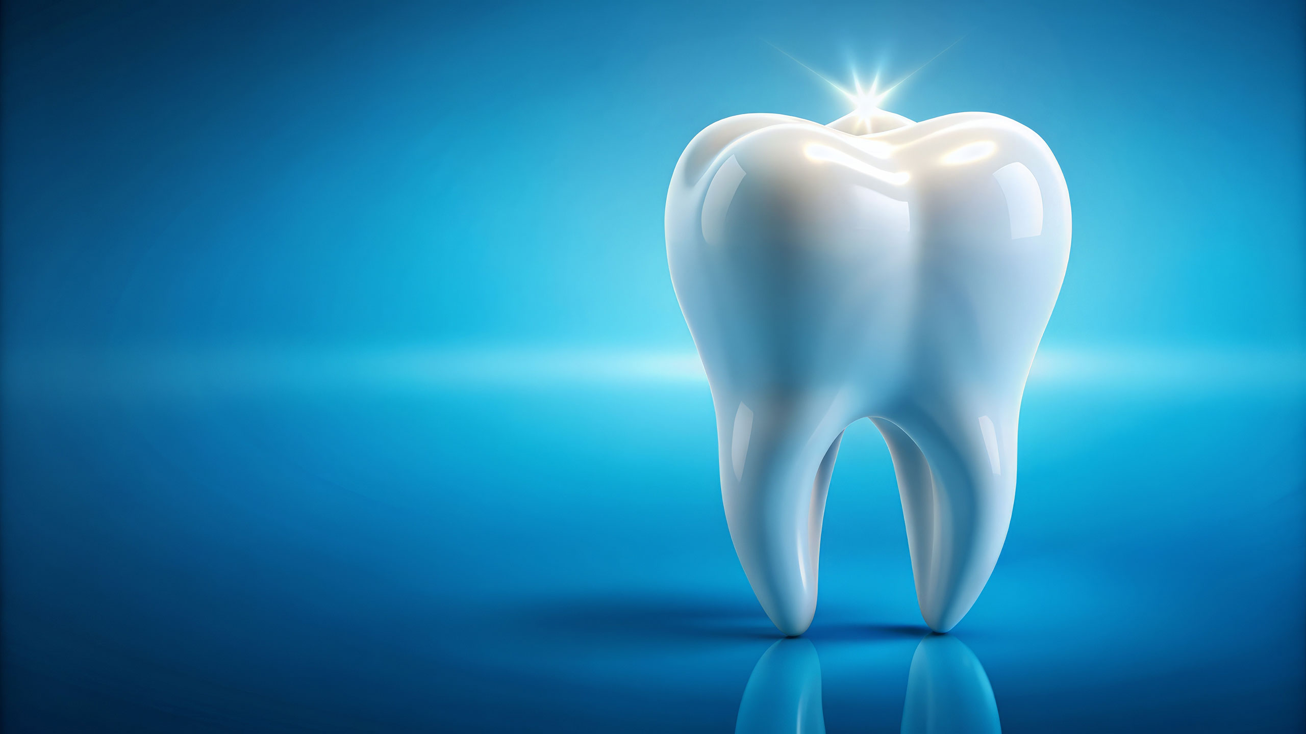 ALT text: A shiny white tooth with a glowing starburst at the top, symbolizing cleanliness and dental health, set against a vibrant blue gradient background. The tooth is polished, reflecting light, and has a smooth, pristine surface.